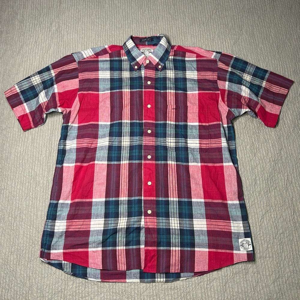 Gant Salty Dog Mens Medium Red Blue Plaid Short Sleeve Button Down Shirt Cotton